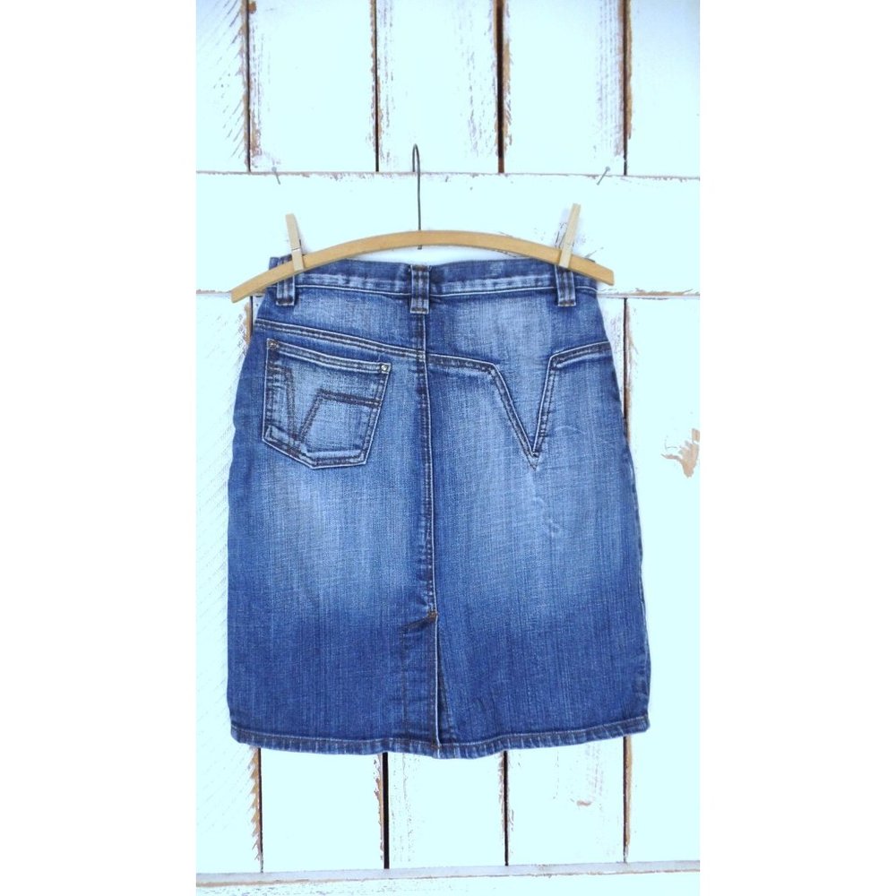 90s vintage distressed faded dark blue cotton jean denim pencil skirt - Picture 7 of 8